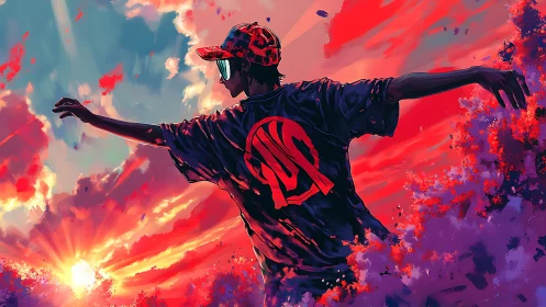 Sunset streetwear figure strides through neon clouds.