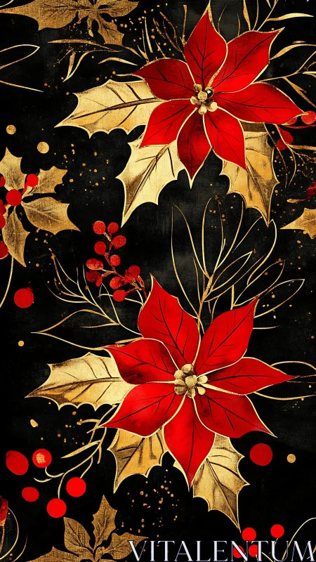 Red poinsettia pattern over black with metallic gold leaves.