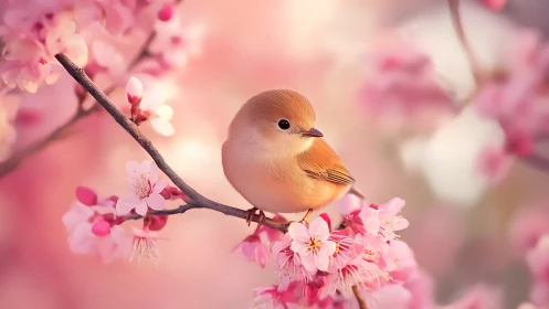 Small bird perched on flowering branch with pink blossoms.