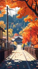 Quiet bridge in bright autumn Japanese village street.