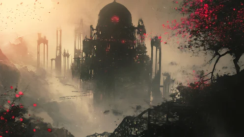 Ruined domed structure stands amid fog and red foliage