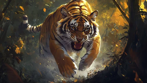 Kinetic jungle charge of a tiger rendered in digital chiaroscuro.