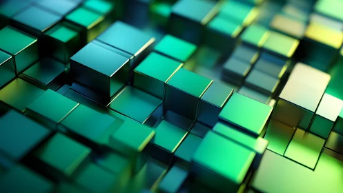 Emerald metallic cubes forming layered geometric gridscape.