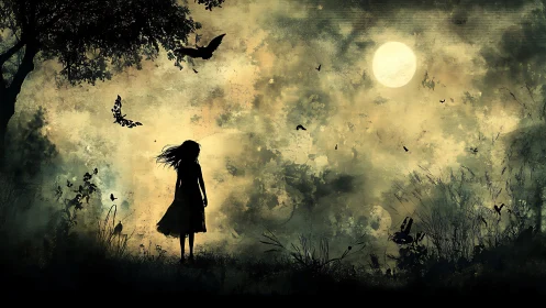 Silhouetted girl observes full moon through misty forest night