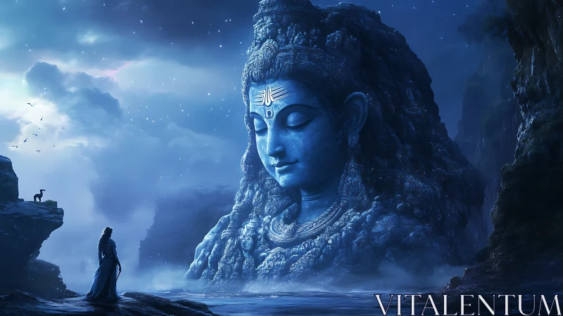 Colossal blue deity sculpture in misty nocturnal cove.