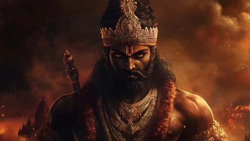 Fierce mythic warrior king in ornate golden armor and flames.