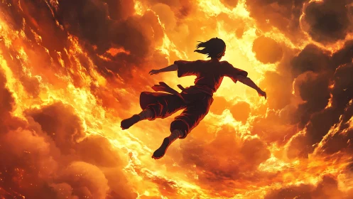 Silhouetted figure suspended against intense orange flame formations.