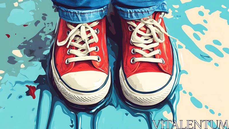 Red canvas sneakers on wet reflective blue paint puddle