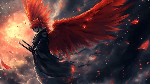 Volcanic-winged swordsman in turbulent atmospheric vortex.