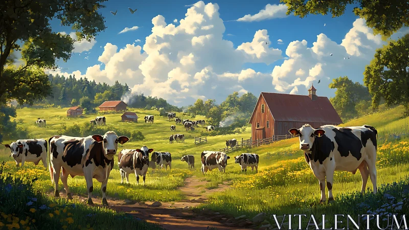 Holstein cows stand along sunny farm path near red barn