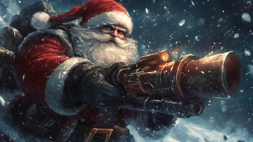 Santa in battle gear charging through a roaring snowstorm.