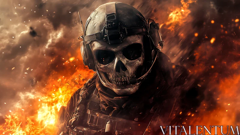 Fearless skull-masked warrior framed by blazing firestorm.