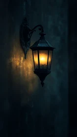 Wall-mounted lantern glows warmly against dark textured wall