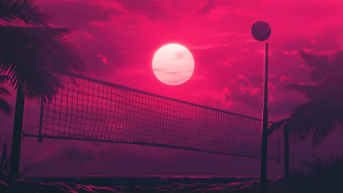 Neon sunset over stylized beach volleyball court scene.