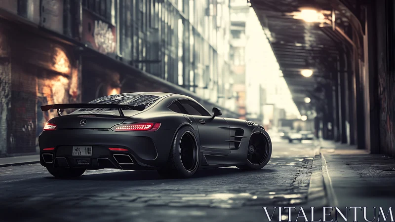 Modified matte sports coupe is parked in narrow urban street