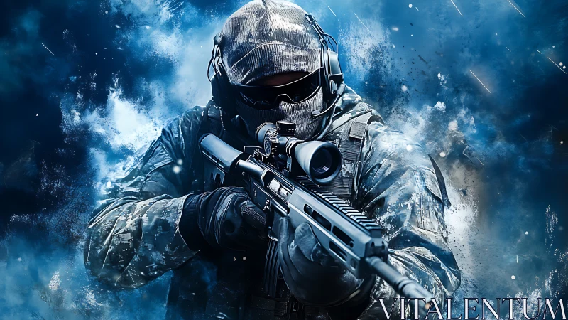 Elite Soldier Ready for Action in Icy Blue Warfare.