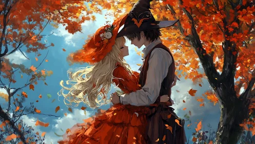 Autumn witch couple embrace under blazing maple canopy.