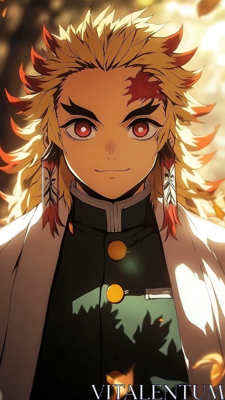 Flame-eyed swordsman glows amid drifting autumn embers.