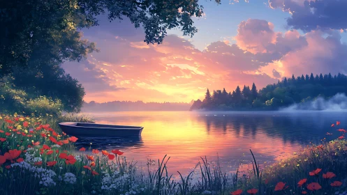 Gentle sunrise glows over a quiet lake and drifting rowboat