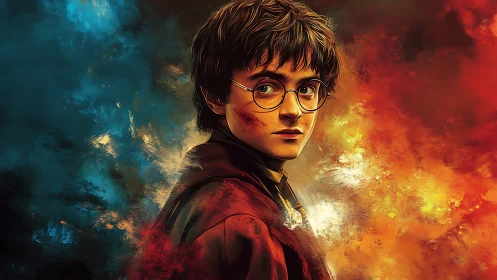 Young robed figure with glasses amid divided color field.