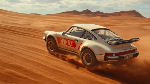 Rally-modified classic coupe traversing desert sand dunes.