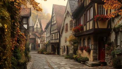 Medieval cobblestone street with autumn half-timbered houses.