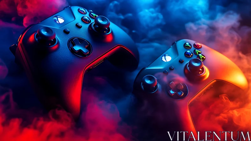 Dual gaming controllers in contrasting red and blue lighting.