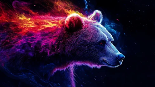 Neon-colored bear profile with flame-like abstract textures.