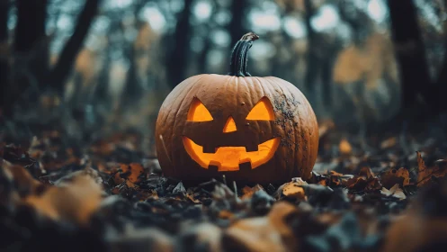Glowing jack o lantern in dark autumn forest floor.