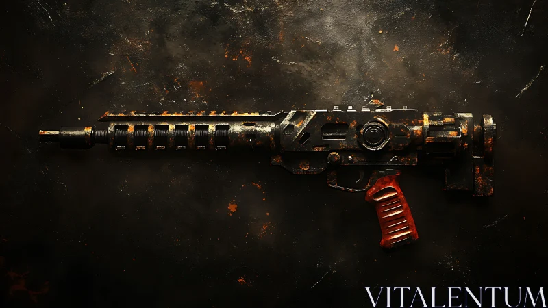 Rust-corroded sci-fi rifle with red tactical grip profile.