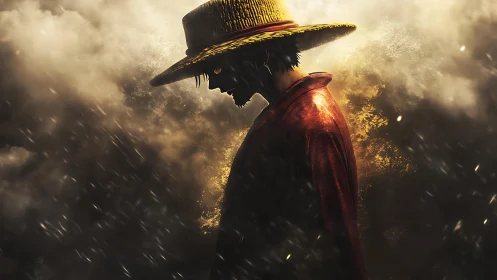 Silhouetted straw hat figure in stormy golden light scene.