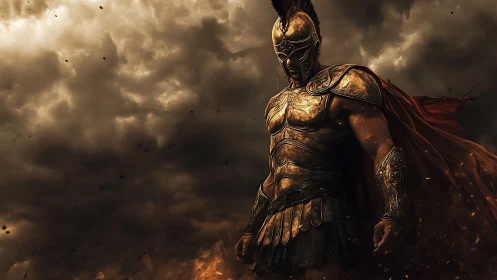 Bronze thunderstorm crowns a lone warrior in burning dusk