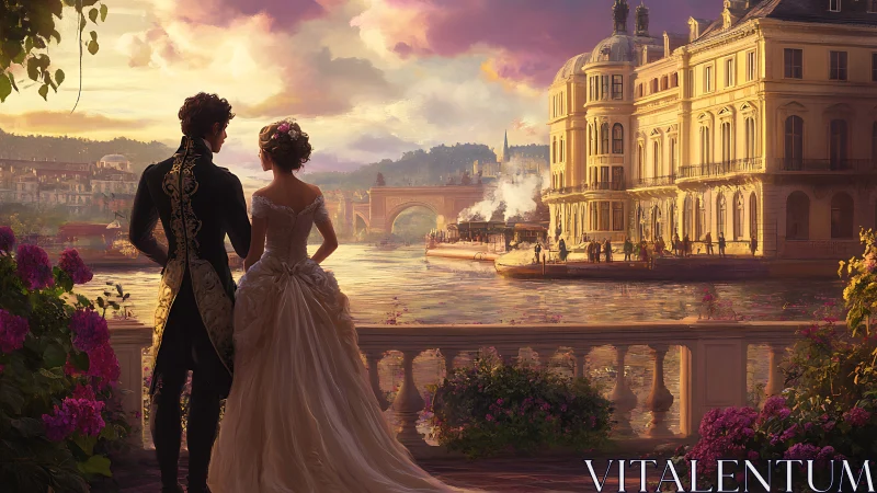 Victorian couple overlooking sunlit riverfront palace terrace.