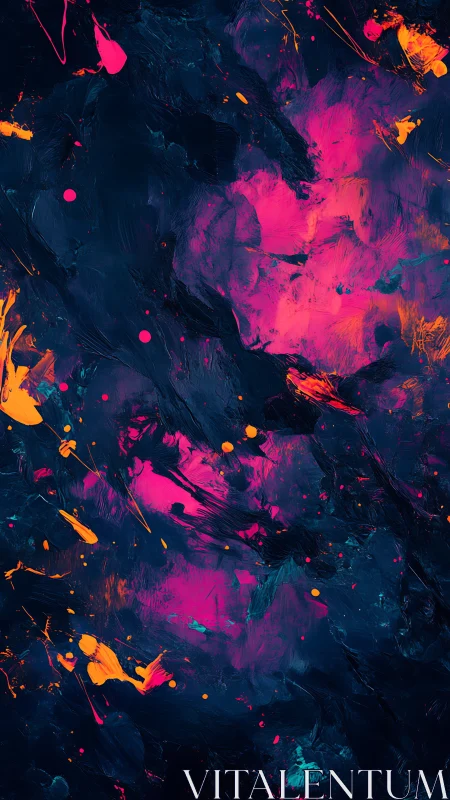 Neon pink and orange strokes on dark abstract ground.