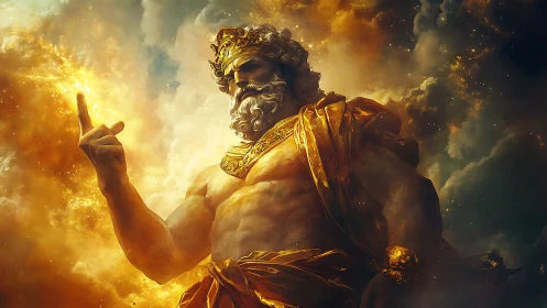 Majestic sky god wrapped in glowing golden storm clouds.