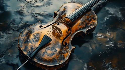 Ornate violin rests on molten, reflective dark surface.