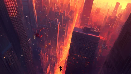 Sunset city dive across glowing urban canyon skyline.