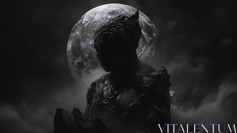 Lunar-shadowed obsidian figure silhouetted against full moon.
