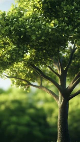 Sunlit green tree with textured trunk in soft focus setting.