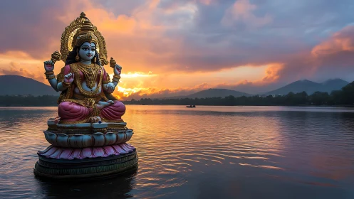 Goddess statue floats in sunset-lit lake like a serene beacon