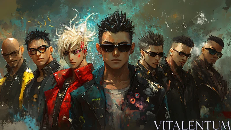 Neo street gang lineup stands against grunge painted backdrop
