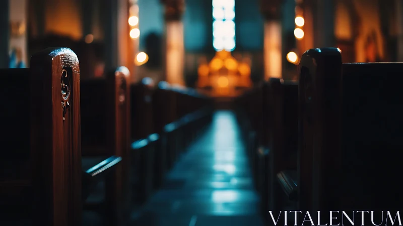 Silent oak pews glow in a twilight aisle toward altar light.