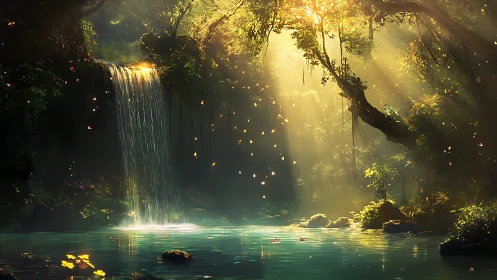 Sunlit forest waterfall over turquoise pool in misty glade.