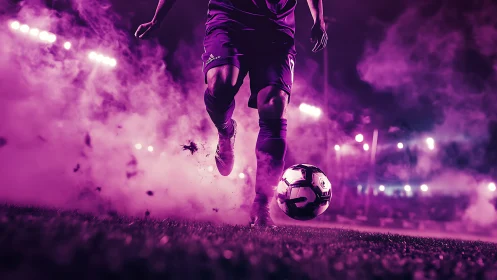 Dynamic soccer striker in magenta stadium smoke haze.