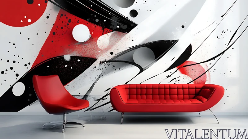 Red lounge rockets into bold abstract orbit across walls
