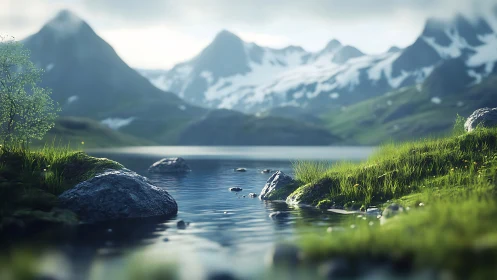 Whispering alpine lake cradled by snow-bitten peaks.