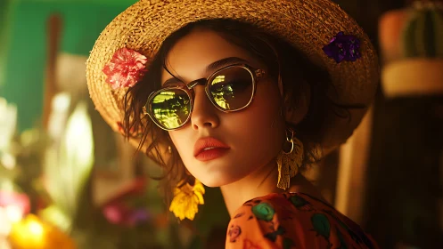 Sunlit portrait with straw hat, mirrored lenses, warm bokeh glow.