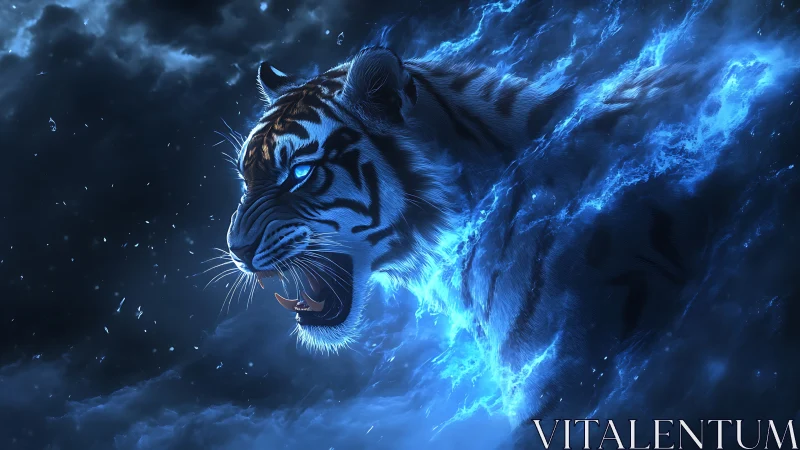 Stormlit spirit tiger roars through glowing blue night
