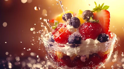Glass bowl of mixed berries with cream and water splashes.