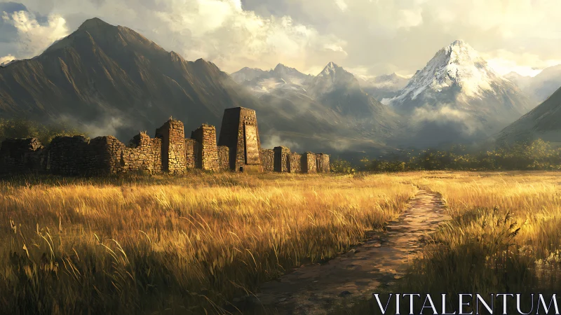 Sunlit ruins and distant snow peaks along a quiet path.